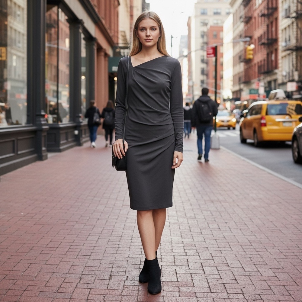 Andy The Anh Long Sleeve Asymmetrical Neck Grey Dress Size 6